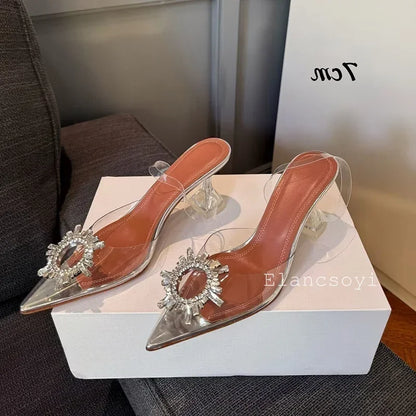 Summer Crystal Flower High Heels Women Transparent PVC Cup Heels Sandals Pointed Toe Back Strap Sandalias Sexy Party Dress Shoes