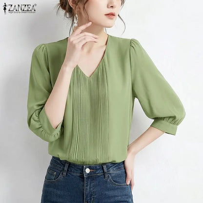 ZANZEA Elegant Plisse Detailing Blouses Women's Classy V-Neck 3/4 Puff Sleeve Solid Color Tops Summer Daily Wear Blusas de Mujer