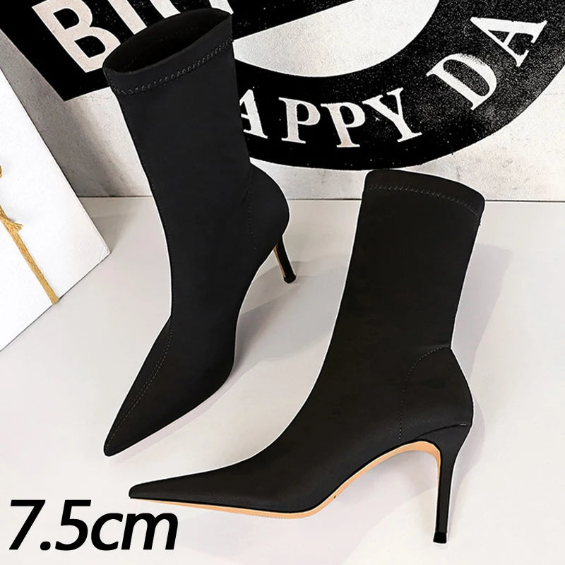 BIGTREE Shoes Stiletto Sexy Elastic Boots Women Shoes Sexy Stretch Fabric Ankle Boots Pointed Tip High Heels Boots Plus Size 43