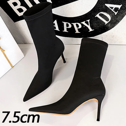 BIGTREE Shoes Stiletto Sexy Elastic Boots Women Shoes Sexy Stretch Fabric Ankle Boots Pointed Tip High Heels Boots Plus Size 43