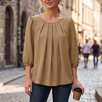 Casual ZANZEA Summer Autumn Women Blouse Elegant 3/4 Lantern Sleeve Pleated O-Neck Solid OL Work Party Tunic Tops Blusas