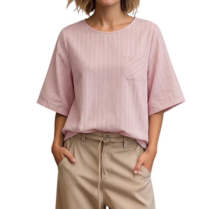ZANZEA Casual Striped Blouses Woman Minimalist O-Neck 3/4 Sleeve Pocket Loose Tops Tunic Autumn 2026 Daily Wear Blusas Mujer