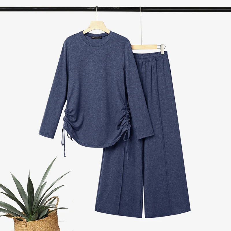 ZANZEA Autumn Long Sleeve Side Tie Knit Tops With Wide Leg Pants Women Muslim 2 Piece Sets Modest Casual Solid Islamic Outfits