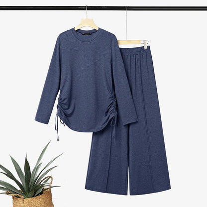 ZANZEA Autumn Long Sleeve Side Tie Knit Tops With Wide Leg Pants Women Muslim 2 Piece Sets Modest Casual Solid Islamic Outfits