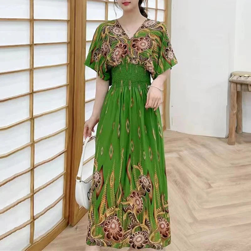 Women Bohemian Ethnic Printed Holiday Dress V-Neck Elastic Waist Casual Batswing Sleeve Mid Dress Elegant Vintage Retro Dress