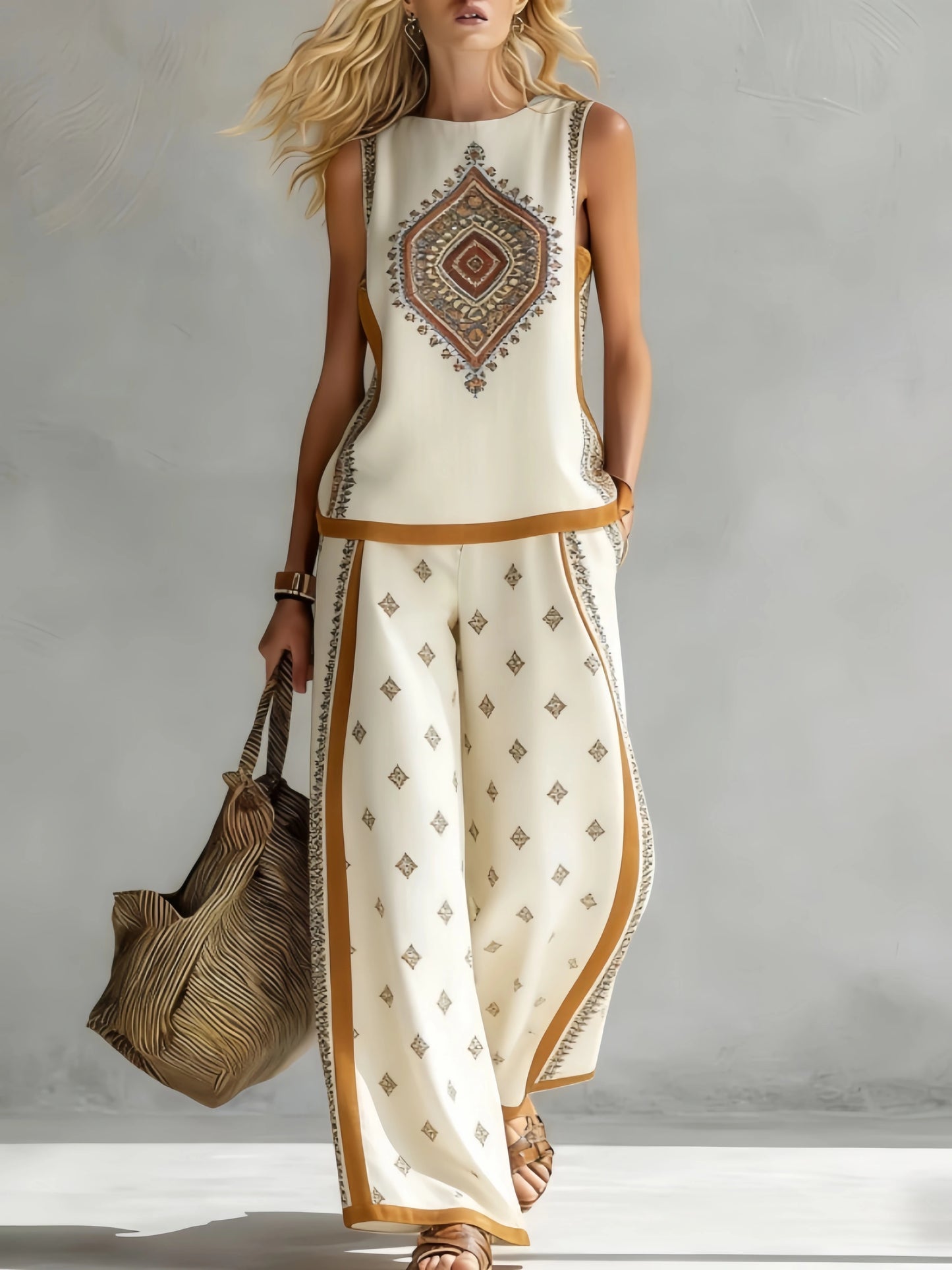 Fashion Retro Printed Sleeveless Tops Trousers 2-piece Set Women's Summer Casual Vest Loose Wide Leg Trousers Female Suit Pocket
