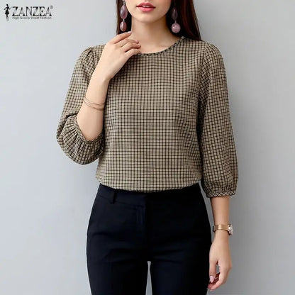 ZANZEA Women Classic Plaid Blouses Casual Round Neck 3/4 Puff Sleeves Loose Gingham Tops 2026 Autumn Everyday Wear Blusas Mujer