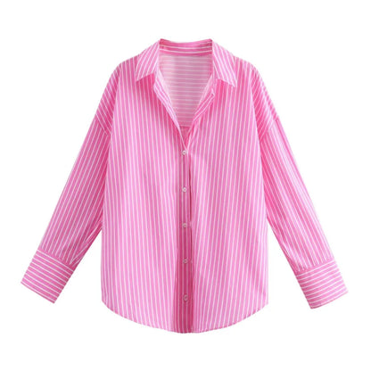 ETJ 2025 women's spring new europe-american fashion striped long sleeve lapel loose version poplin shirt multi-color selection