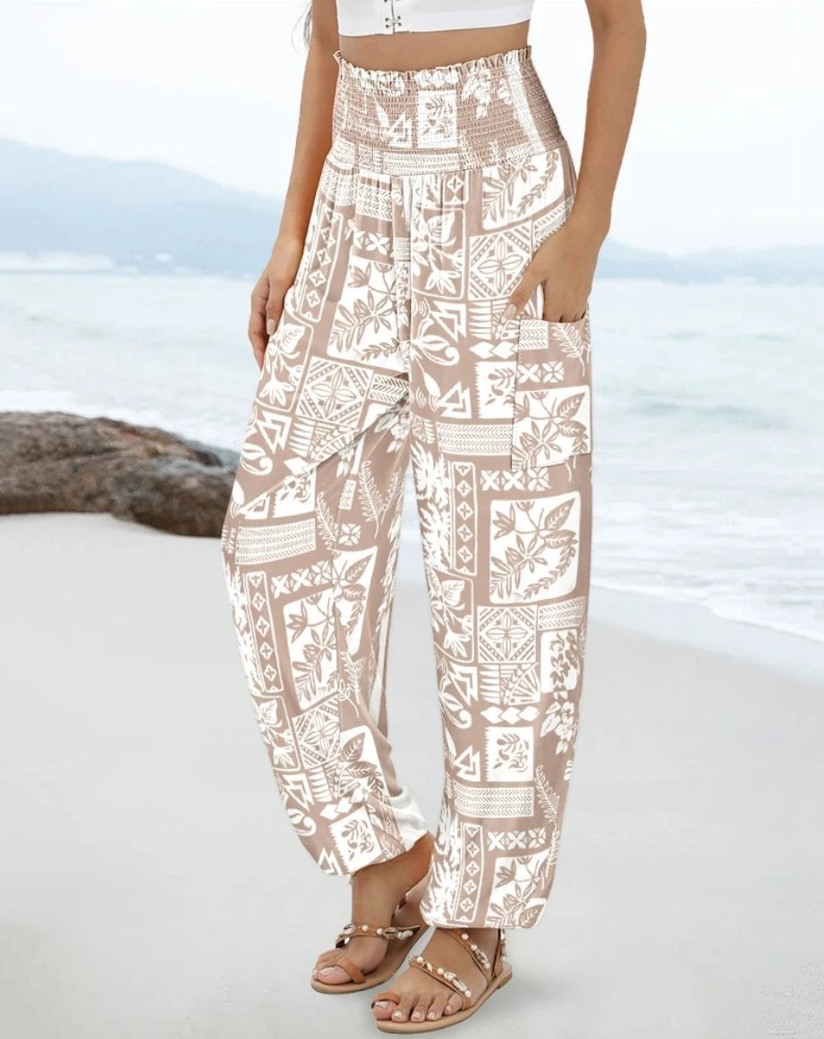Women Boho High Waist Smocked Harem Pants With Floral And Geometric Print Side Pocket And Elastic Cuffs Perfect For Beach Vacati