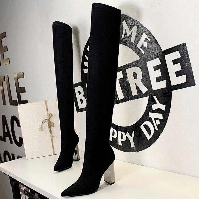 BIGTREE Shoes Women Sexy Over The Knee Boots Pointed Top Stretch Boots Thick Heel High Boots Black Long Boots Autumn Winter Shoe