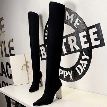 BIGTREE Shoes Women Sexy Over The Knee Boots Pointed Top Stretch Boots Thick Heel High Boots Black Long Boots Autumn Winter Shoe