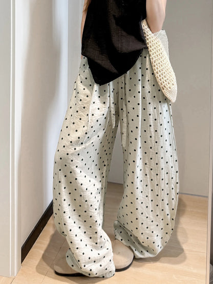 Linen Polka Dot Wide-Leg Pants for Women's Summer, Thin High-Waisted Loose and Laid-Back Style Yamamoto Pants, Casual Straight-L