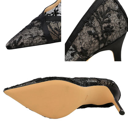 BIGTREE Shoes Mesh Hollow Lace Women Pumps Sexy High Heels Party Shoes Stiletto Heels 9.5 cm Luxury Banquet Shoes Ladies Pumps