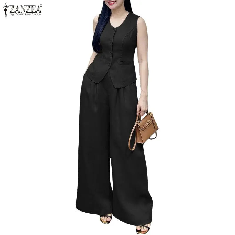 ZANZEA Women's Old Money Pant Suits Vintage U-Neck Vest Tops & Wide-Leg Pants 2 Pieces Sets Summer Office Commute 2pcs Outfits