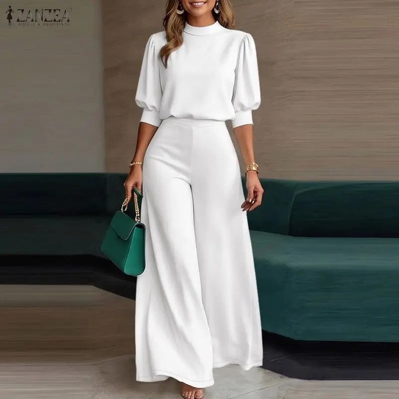 2026 Fashion Summer Pant Sets ZANZEA Stand Neck Short Sleeve Blouse Wide Leg Trousers Suit Women OL Work Outfits 2 Pieces Sets
