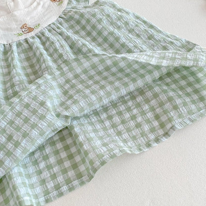 Baby Kid's Summer Plaid Dress 0-5Y Cute Embroidered Bunny Flying Sleeve Children's Dresses Sisters Clothing Baby Girls Bodysuit