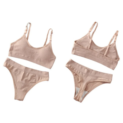 Women Seamless Bra And Panties Set Sexy Lingerie High Waist Thong Comfy Wire Free Bra Female Solid Color Ribbed Underwear Set