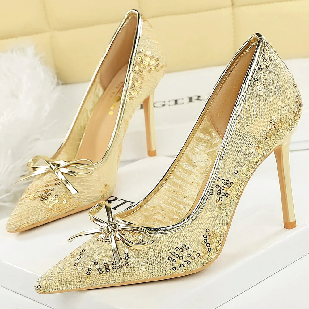 Sexy Lace Sequin Decoration Women Pumps Bowknot High Heels Pointed Tip Ladies Shoes Stiletto 9 cm Heels Women Sexy Party Shoes