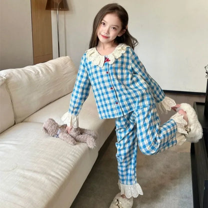 Spring Autumn Girls' Cloud Cotton Pajama Set with Lace Trim Medium Large Kids' Striped Plaid Homewear Casual Outfit