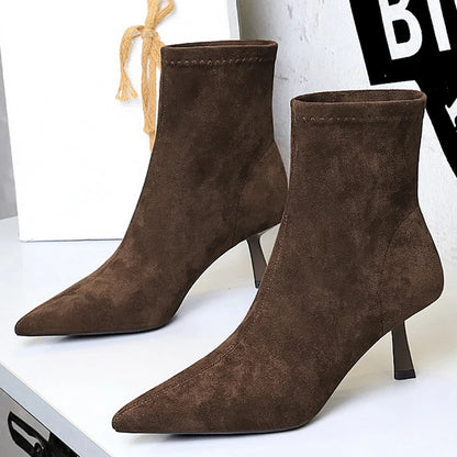BIGTREE Shoes Retro Women's Boots Suede Pointed Women's Ankle Boots Stiletto High Heel Boots Autumn Winter Shoes Short Boots