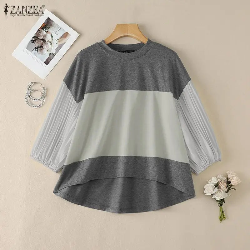ZANZEA Women Color-Blocked T-Shirts O-Neck 3/4 Pleated Lantern Sleeve Loose Tees Spring Summer Female Elegant Fashion Blouses