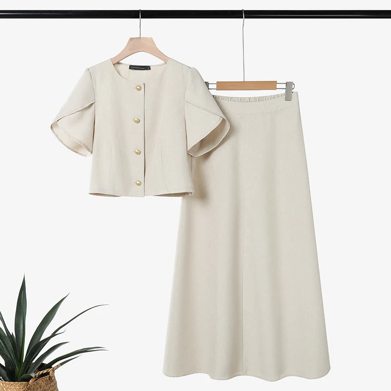 ZANZEA Women's French Chic Skirt Suits Elegant Short Petal Sleeves Tops and A-Line Midi Skirts 2 Piece Sets Outfit Woman Clothes