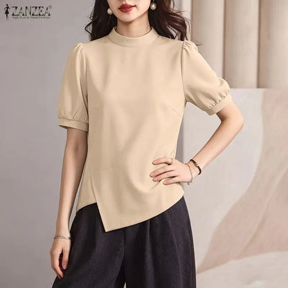 Summer Short Sleeve Tops ZANZEA Elegant Women Blouses Irregular Tops Solid Color Streetwear OL Work Party Tee S-3XL Blusas Tunic