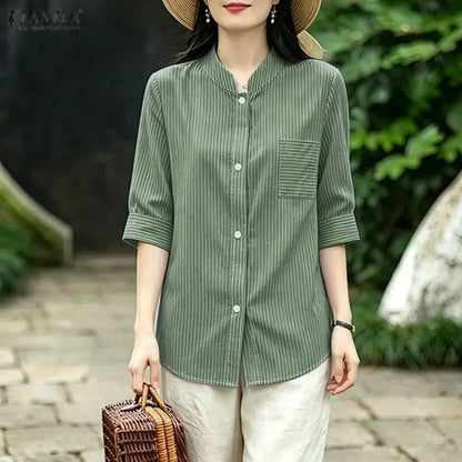 ZANZEA Woman Striped Shirts Stand Collar Half Sleeve Button Up Patch Pocket Tops Spring Summer Daily Casual Chemises Femme
