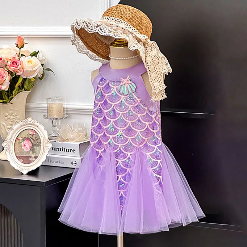 Sequins Mesh Dress For Girls Kids Summer Dress Children Fishtail Gauze Skirt For Party Night Graduation Ceremony Birthday Prom
