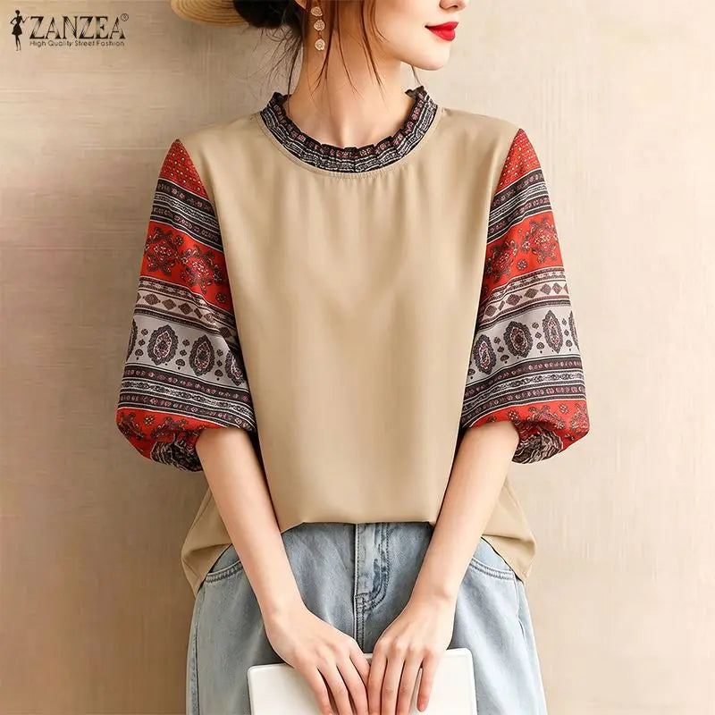 ZANZEA Woman Vintage Blouses Geometric Print Patchwork Lantern Sleeves Ruffled Collar Top Boemian Autumn Daily Wear Blusas Mujer