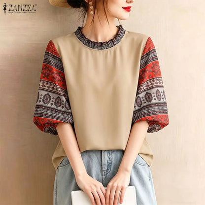 ZANZEA Woman Vintage Blouses Geometric Print Patchwork Lantern Sleeves Ruffled Collar Top Boemian Autumn Daily Wear Blusas Mujer