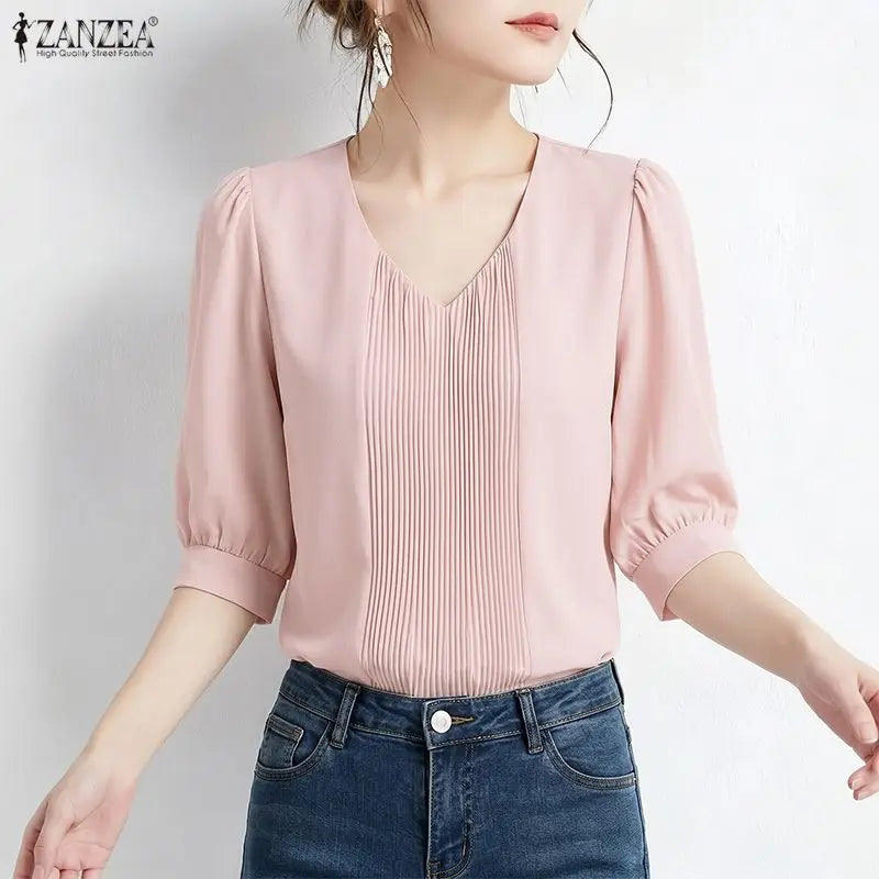 ZANZEA Elegant Plisse Detailing Blouses Women's Classy V-Neck 3/4 Puff Sleeve Solid Color Tops Summer Daily Wear Blusas de Mujer
