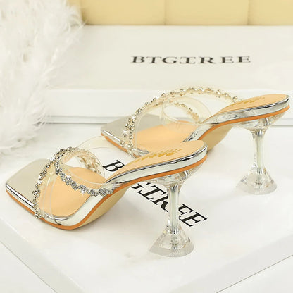Luxury Women High-Heeled Sandals Summer Rhinestone Design Women Sandals Square Toed Sexy Slippers Transparent Tape Women Pumps