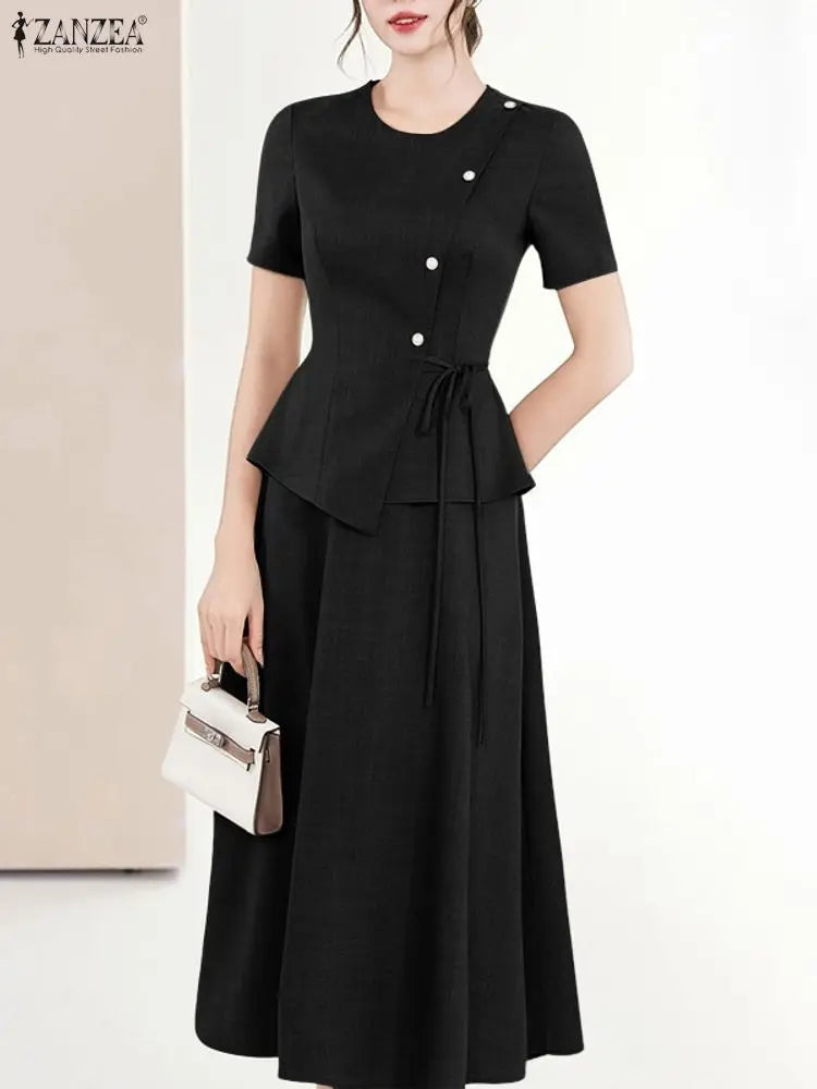 ZANZEA Elegant Chic Women 2 Pieces Skirt Sets Fashion Asymmetrical Hem Blouses and A-Line Midi Skirts 2pcs Suits Commute Outfits