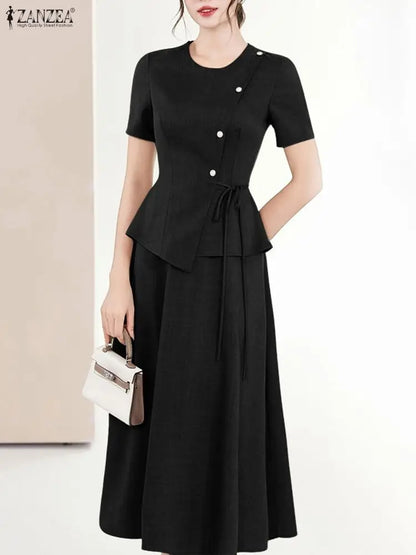 ZANZEA Elegant Chic Women 2 Pieces Skirt Sets Fashion Asymmetrical Hem Blouses and A-Line Midi Skirts 2pcs Suits Commute Outfits
