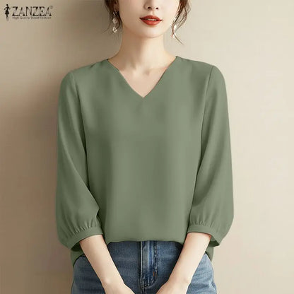 ZANZEA Summer Woman Elegant Daily Casual Blouses 3/4 Puff Sleeve V-Neck Solid Color Blusas de Mujer Minimalist Day Wear Tops