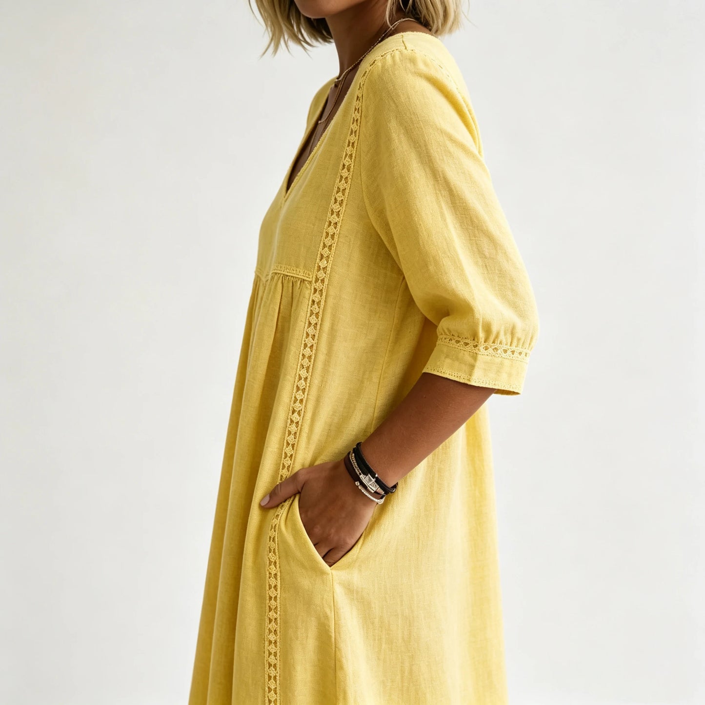 Women Summer Casual Loose V Neck Lace Splicing Midi Dress, Solid Three Quarter Sleeve Breathable Daily Vacation Dress
