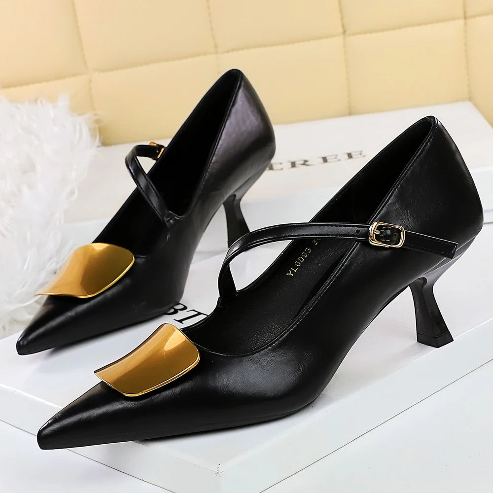 BIGTREE Shoes Metal Decoration Women Pumps Kitten Heels 6 cm Pointed Women Shoes Stiletto Retro Middle Heel Shoes Banquet Shoes