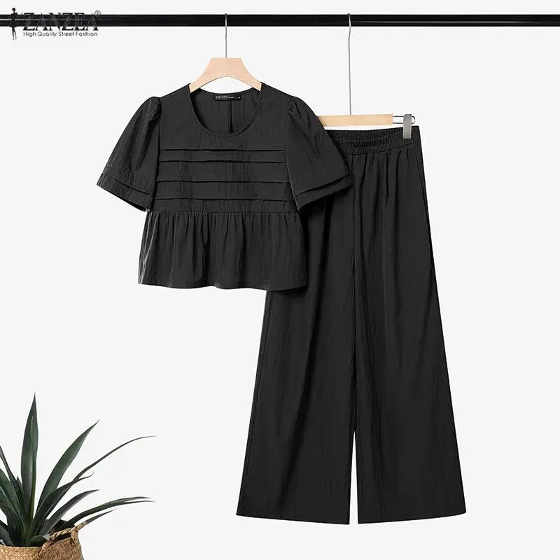 ZANZEA Summer Women Pant Sets Two Piece Sets Short Sleeve Pleated Tops Wide Leg Pants Casual Solid Loose Two-piece Outfits 2PCS