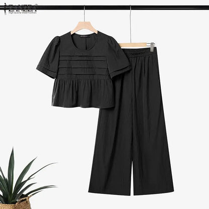ZANZEA Summer Women Pant Sets Two Piece Sets Short Sleeve Pleated Tops Wide Leg Pants Casual Solid Loose Two-piece Outfits 2PCS