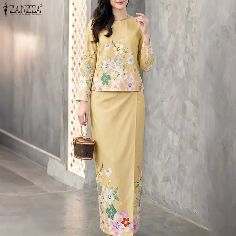 ZANZEA Women Elegant Floral Print 2 Pieces Skirt Sets Sophisticated Long Sleeve Blouses & Elastic Waist Maxi Skirts Co-ords Sets