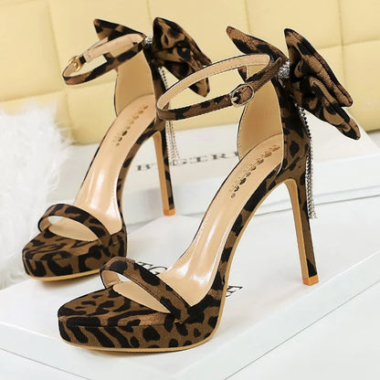 BIGTREE Shoes Leopard Suede Heeled Sandals Women Shoes Peep Toe High Heels Stiletto 11 cm Bow Rhinestone Chain Ladies Shoes New