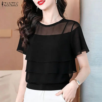 ZANZEA Women's Chiffon Sheer Blouses Elegant O-Neck Short Sleeve Layered Design Pullover Tops Classy Solid Color Blusas de Mujer