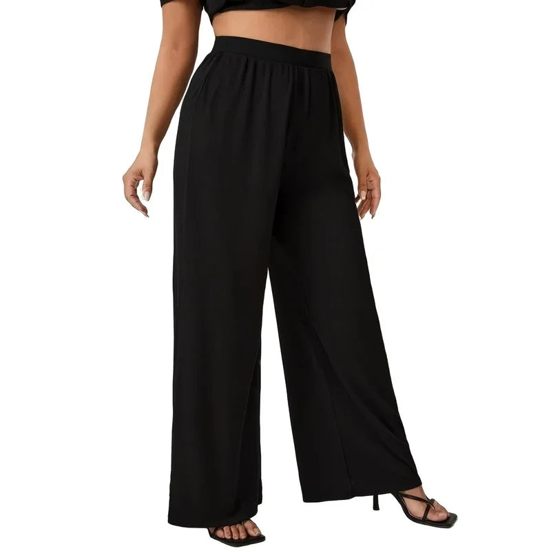 2026 Plus Size Women's Elastic Waist Wide Leg Pants With Pockets