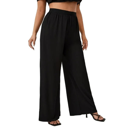 2026 Plus Size Women's Elastic Waist Wide Leg Pants With Pockets