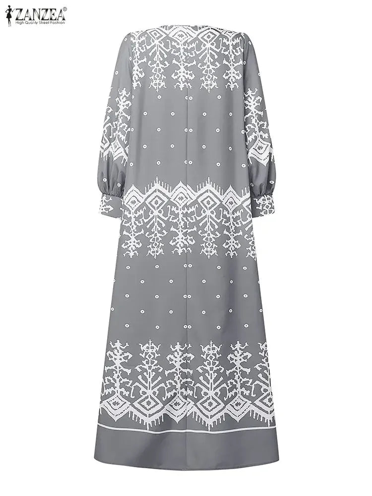 2026 ZANZEA Spring Floral Printed Dress Ramadan Muslim Abaya Dress Women O Neck Long Sleeve Sundress Islamic Robe Casual Kaftan