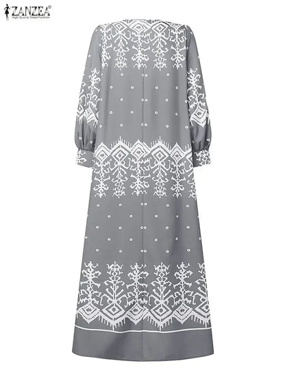 2026 ZANZEA Spring Floral Printed Dress Ramadan Muslim Abaya Dress Women O Neck Long Sleeve Sundress Islamic Robe Casual Kaftan