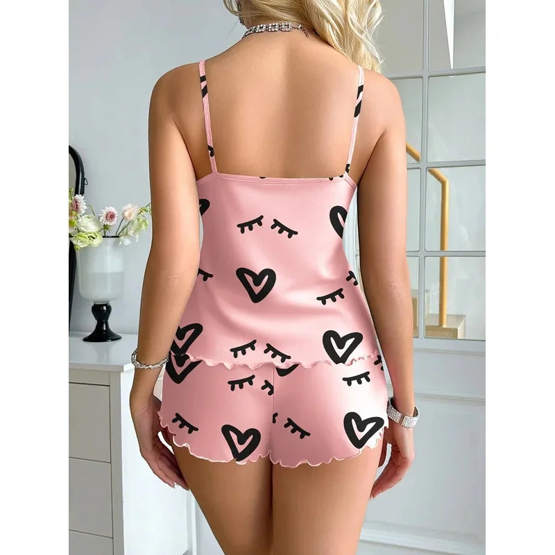 2PCS Women Pajama Set Heart Print Cami Top and Shorts Cute Satin Sleepwear Loungewear Summer Nightwear Homewear Outfit