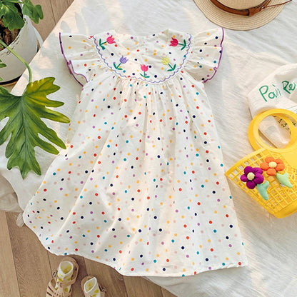 2024 New Girls' Dresses Children'S Summer Cotton Embroidered Hollow Dress Baby Kids Clothing Cute Ruffled Round Neck Vest Dress