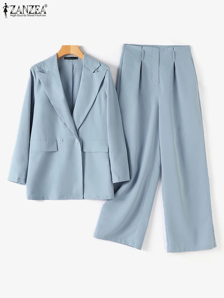 2PCS Women Blazer Suits Spring Pant Sets ZANZEA Elegant OL Work Tracksuits Lapel Neck Long Sleeve Tops Wide Leg Trousers Suit